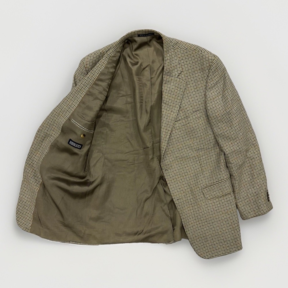 Vintage Land's End Houndstooth Blazer Mens 42R Tan Wool Silk Linen Sport Coat